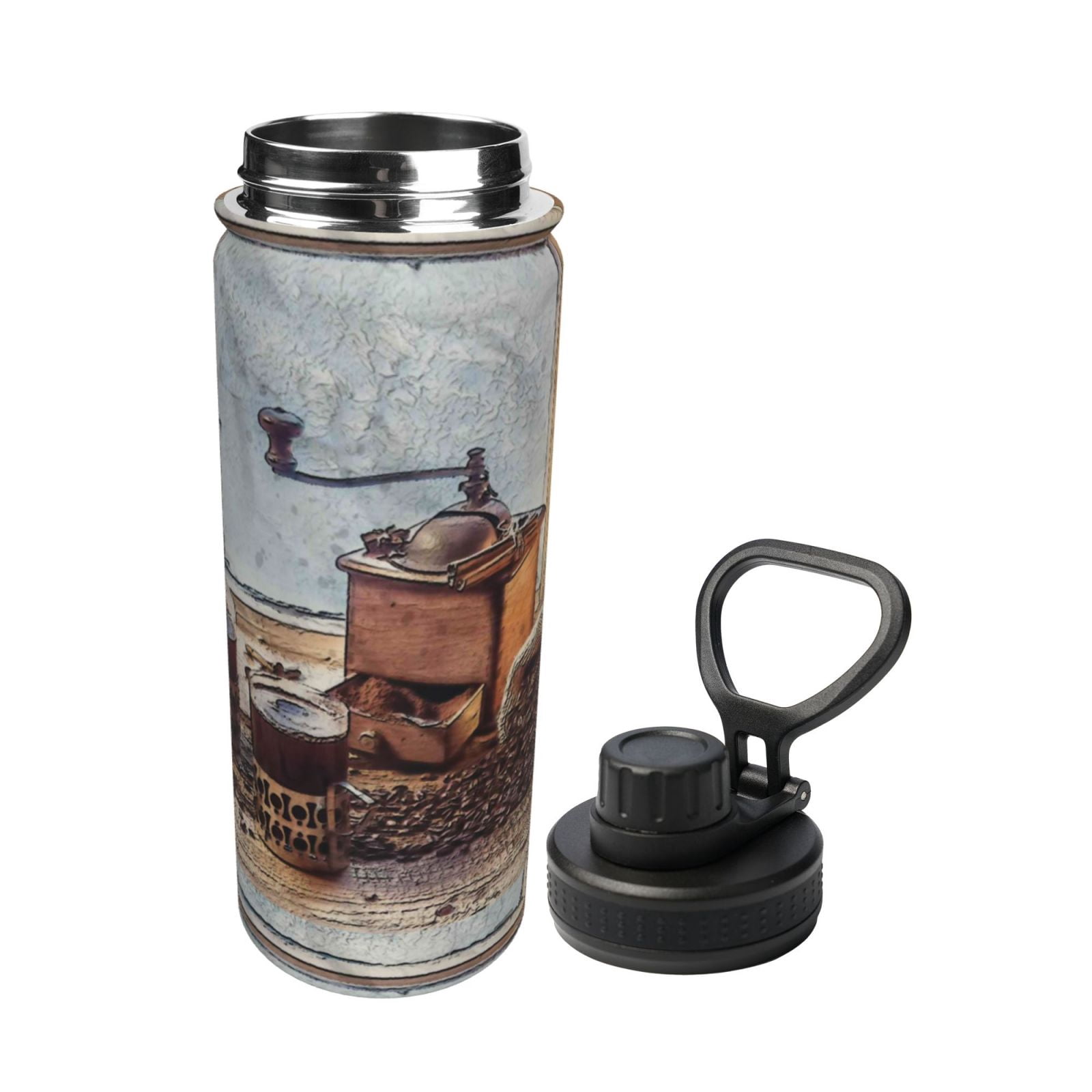 Picia Oil Lamp Coffee Beans Pattern Water Bottle 18 oz Stainless Steel Insulated Bottles With Handle Leak Proof Gym Sport Water Jug BPA-free insulated kettle For Men Women Adults