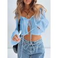 thumbnail image 2 of Women's Bell Sleeve Tie Front Scoop Neck Long Sleeve Blouses Knit Crop Tops, 2 of 5