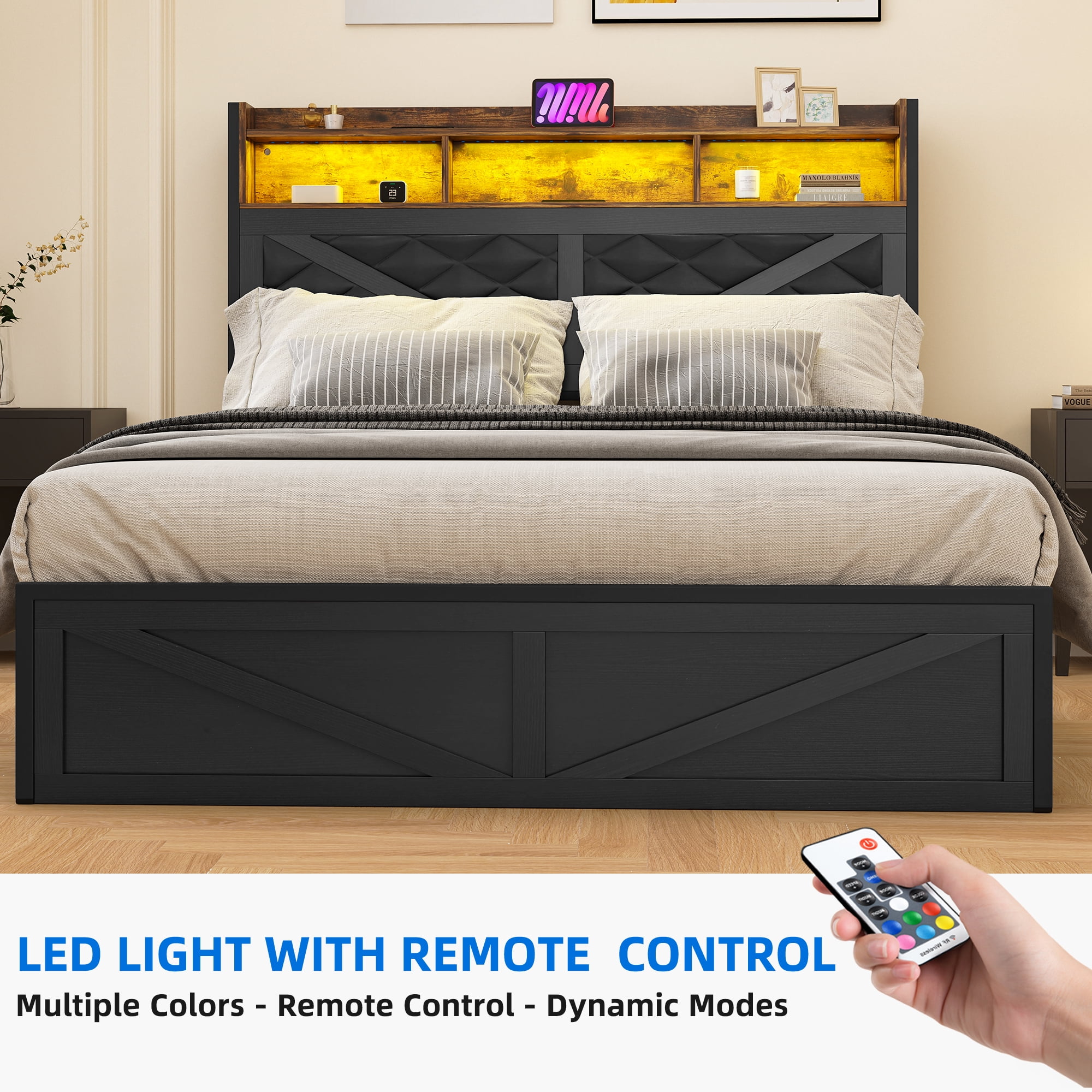 Dextrus Queen Size Distressed Wood Bed Frame with LED Headboard, USB Ports & Dual Storage, Black