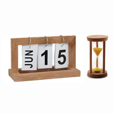EIMELI Wooden Perpetual Desk Calendar - Home and Office Decor,Wooden Page-turning Calendar and Three-minute Hourglass Ornament Study Desk Decoration