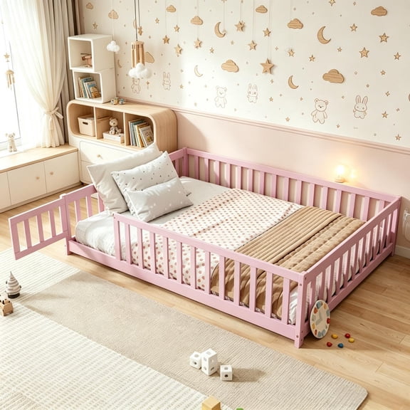 Bellemave Full Size Floor Bed with Door and Fence, Montessori Floor Bed with Bed Slats Sturdy Wood Floor Bed Montessori Bed Frame (Full, Pink)