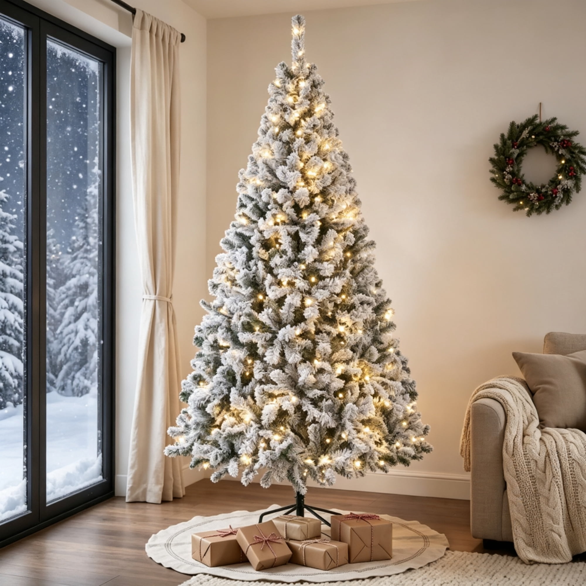 7.5 ft Pre-Lit Flocked Artificial Christmas Tree with 400 Warm White Lights, Hinged Branches, Foldable Metal Stand, 1189 Tips