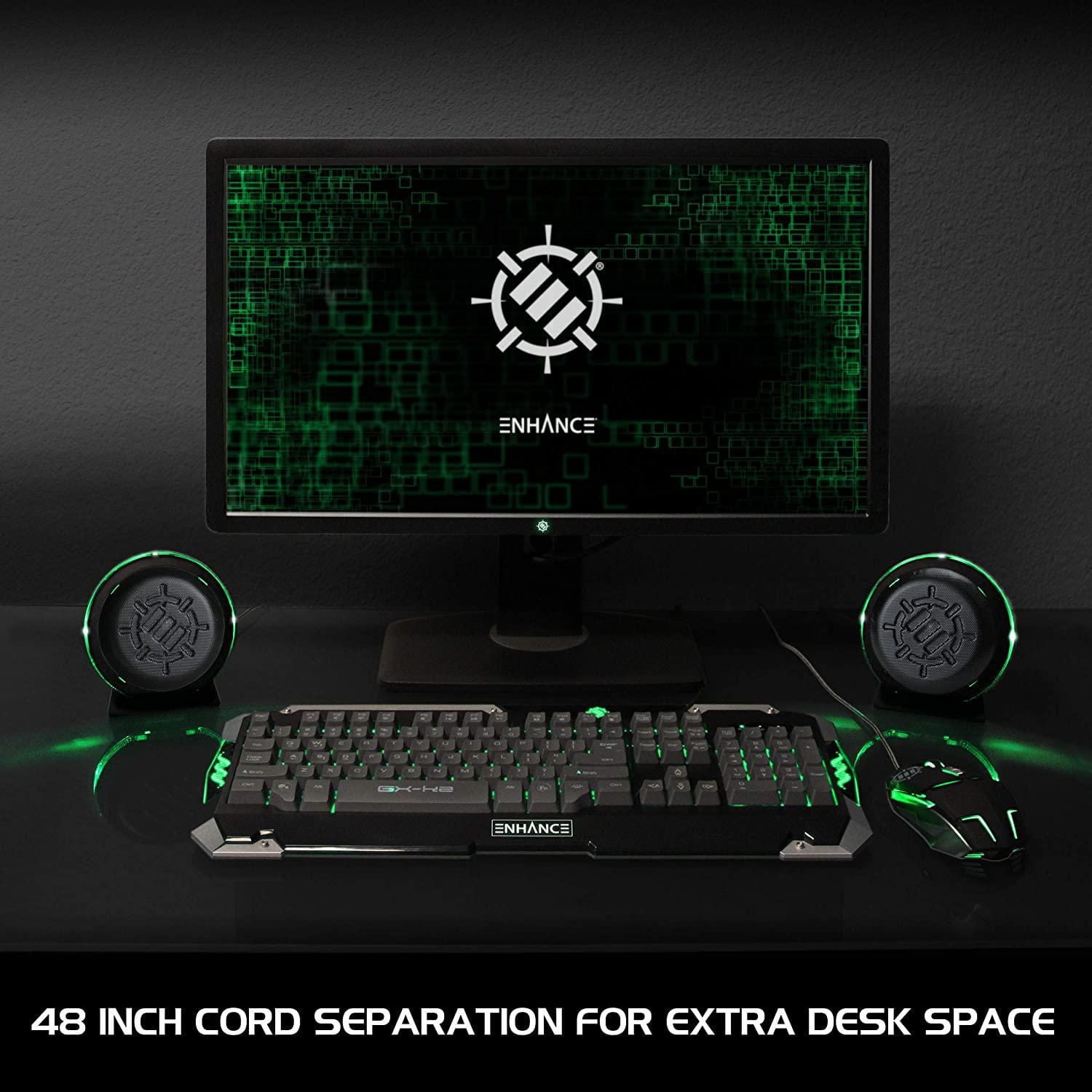 Enhance SL2 USB Gaming Computer Speakers for Monitor with LED Green Light, 3.5mm Wired Connection and in-Line Volume Control - 2.0 Stereo Sound System for Gaming Laptop, Desktop, PC Computers
