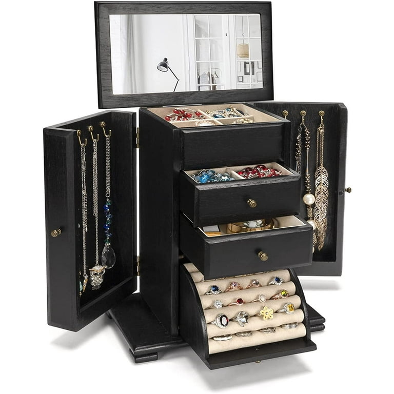 Jewelry Organizer – Elegant and Refined Travel Jewelry Case for Rings,  Necklaces, Earrings –Simple Jewelry Organizer Box for Women– Black