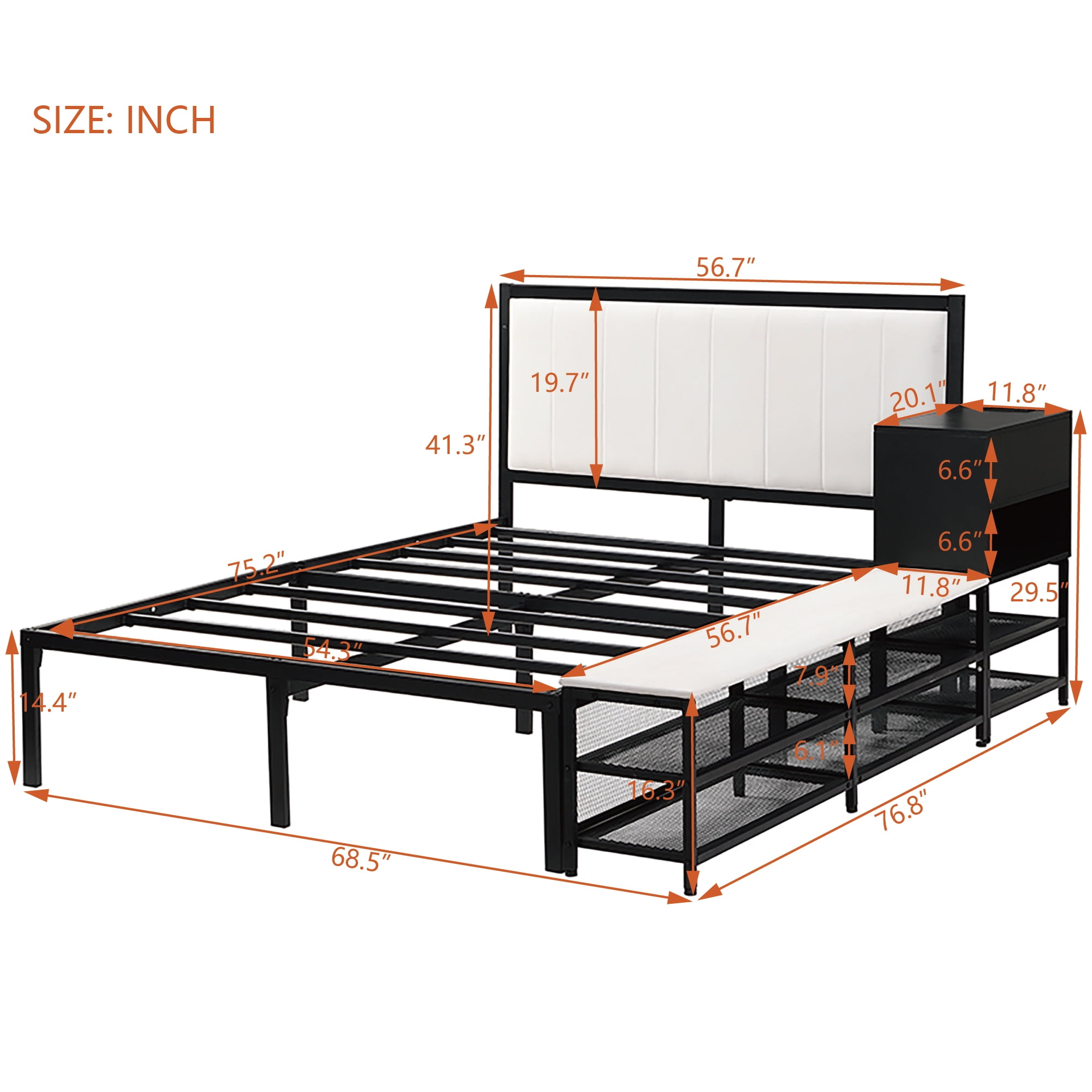 Euroco Metal Full Size Platform Bed with Storage Shleves and Ottoman, Black