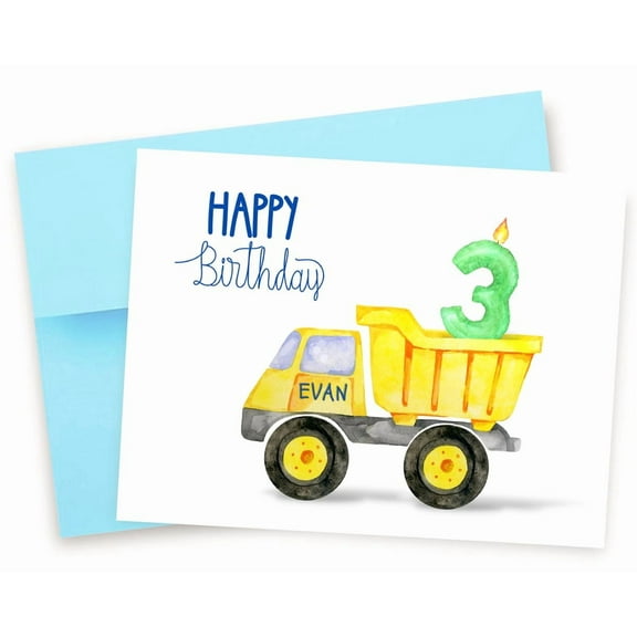 Happy Birthday Card for Kids – Cute Dump Truck with Candle Design – Personalized for Evan – Blank Inside, Envelope Included – Perfect for 3rd Birthday Celebrations