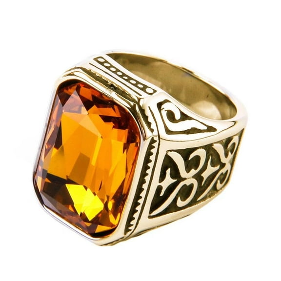 PAMTIER Men's Stainless Steel Vintage Wedding Promise Engagement Ring with Big Stone Gold Black Orange Size 7