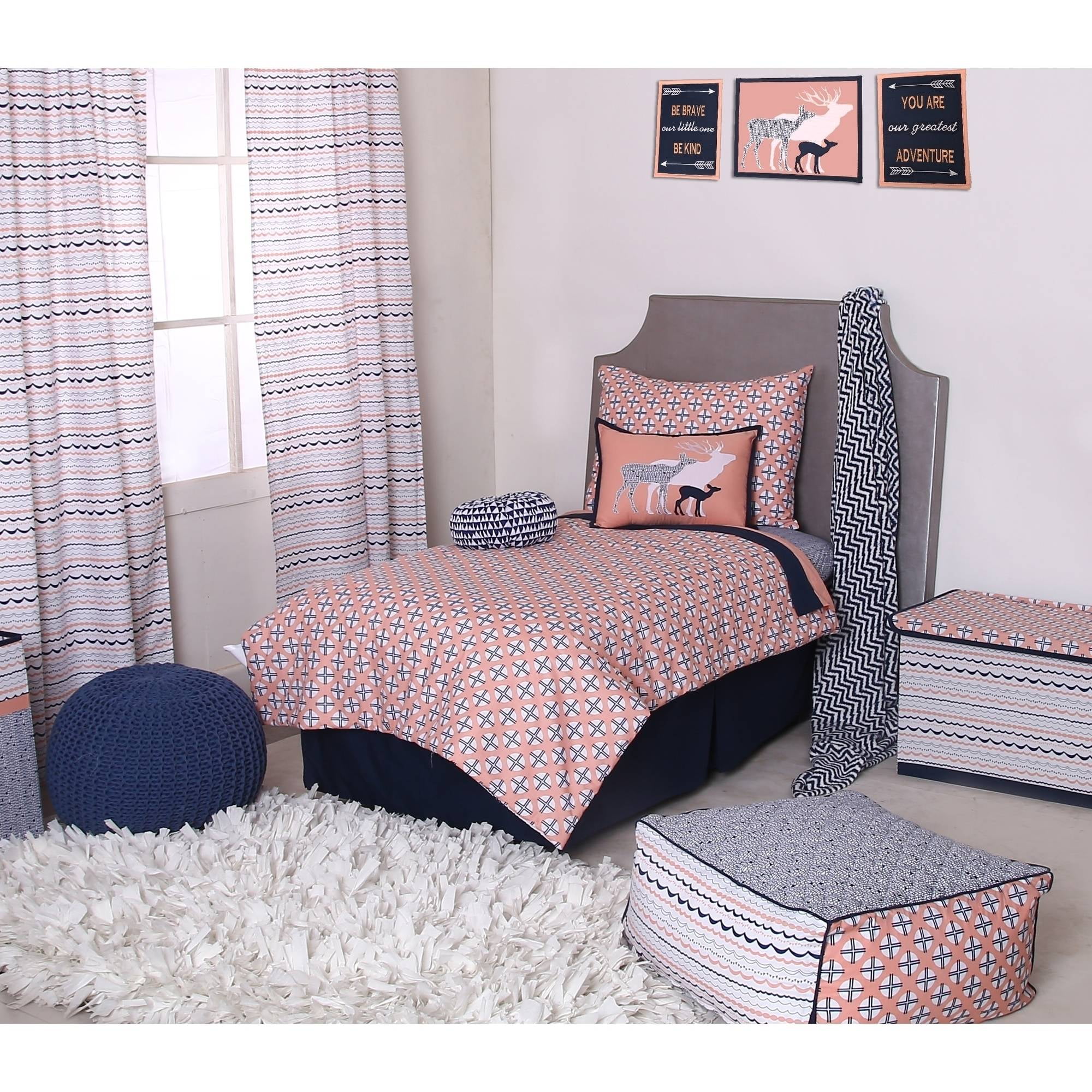 Bacati - Olivia Tribal 3-Piece 100% Cotton Percale Toddler Sheet Set, Coral/Navy