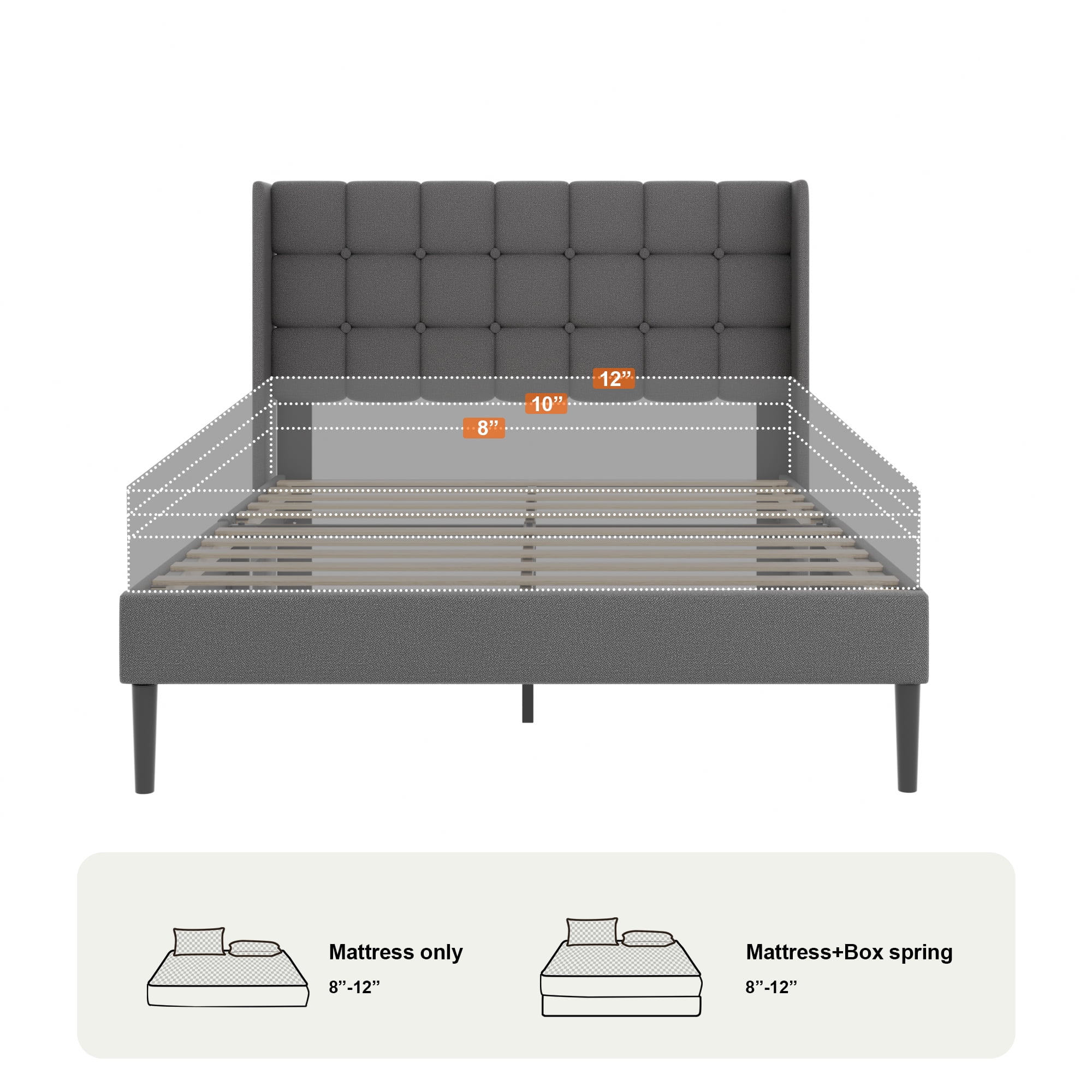 VIPLOV Queen Bed Frame , Modern Platform Bed Frame with Headboard and Upholstered Wingback, Easy Assembly,Dark Gray