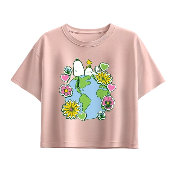 Peanuts - Snoopy Woodstock Earth Stickers - Youth Girl Short Sleeve Boxy Tee