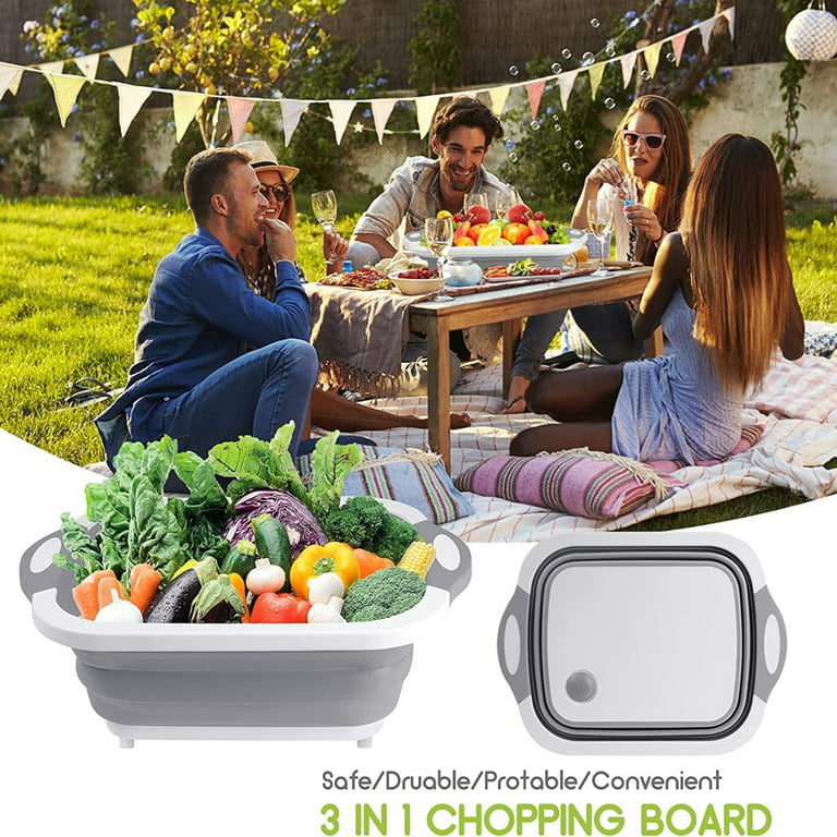 Camping Cutting Board, 9-in-1 Collapsible Chopping Board with Colander,Camping Gifts for Campers Happy Camper,Camping Accessories for RV Campers (Grey