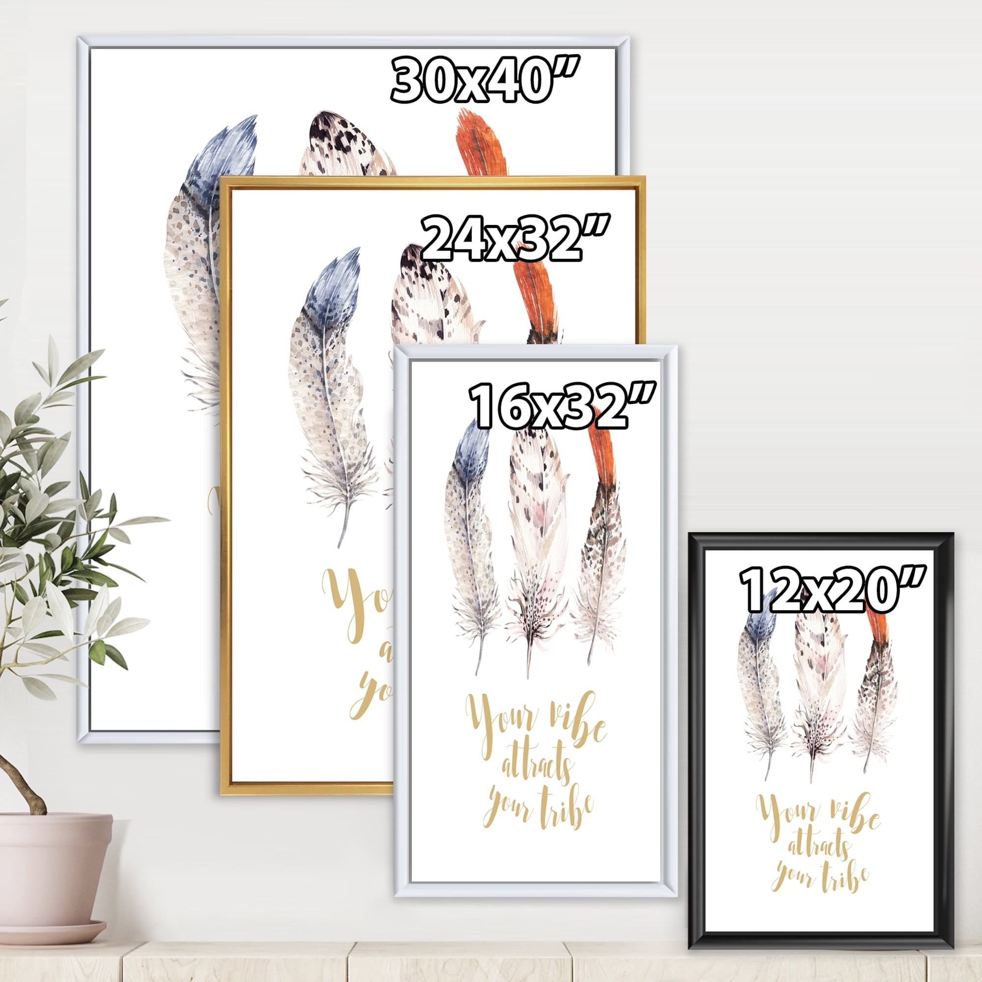 Designart 'Your Vibe Attracts Your Tribe Ethnic Feathers II' Bohemian & Eclectic Framed Canvas Wall Art Print