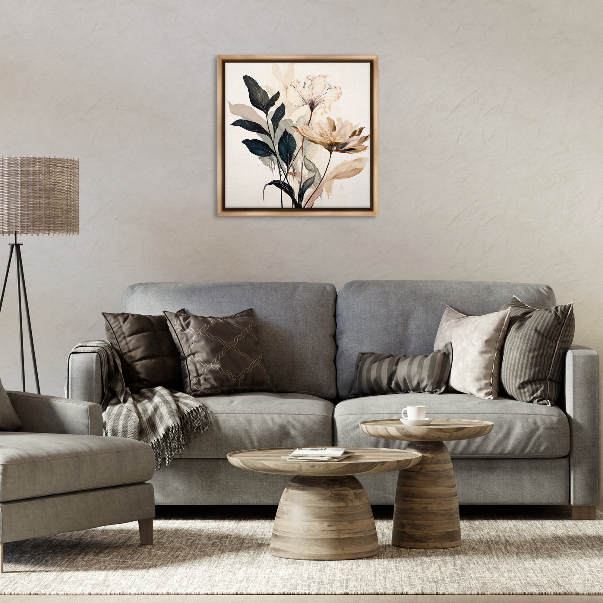 Stupell Industries Leaf Sprig & Flower Plants & Flowers Painting Brown Floater Framed Canvas Art Print Wall Art, 25 x 25