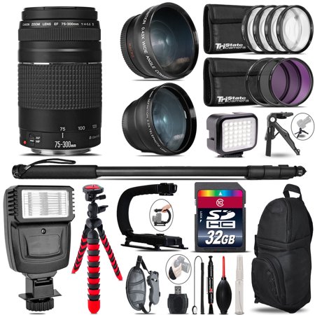 Canon EF 75-300 III + Slave Flash + LED Light + Tripod - 32GB Accessory Bundle