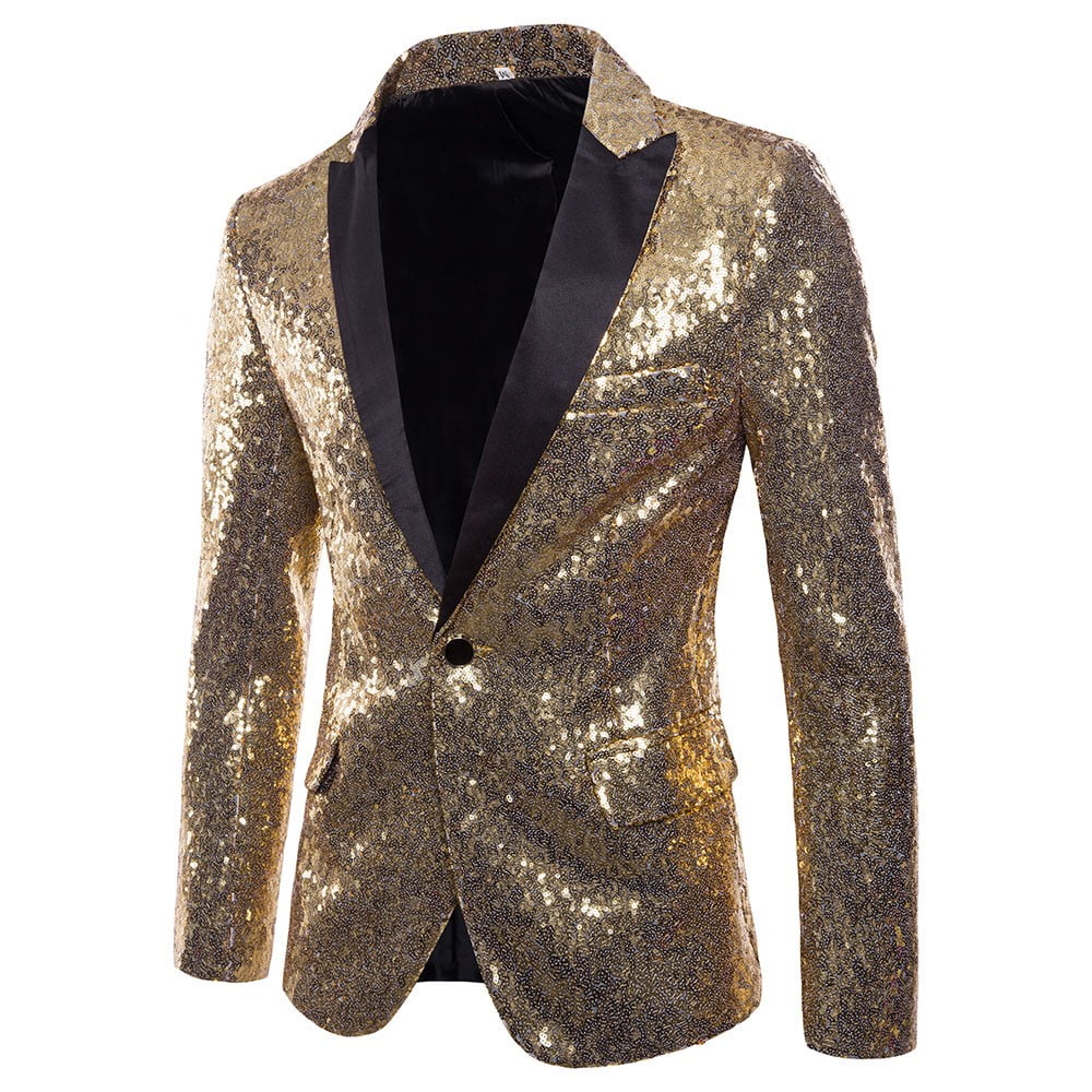 Jovati Mens Blazer Jacket Mens Casual Button Fit Suit Blazer Coat Jacket Sequin Party Top Gold
