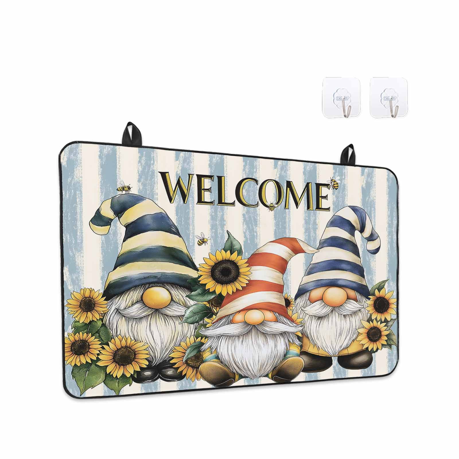 Sunflower Gnomes Stove Top Cover for Electric Stove, Heat-proof & Non Slip Glass Top Stove Cover Protector, Farmhouse Striped Bee Yellow Summer Flower Kitchen Flat Cooktop Rubber Mat 31x24 Inches
