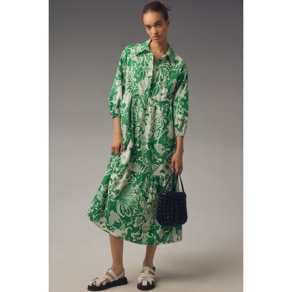 Women's Tiered Midi Shirt Dress 3/4 Sleeve Floral Print with Pockets, Sizes XS-XL