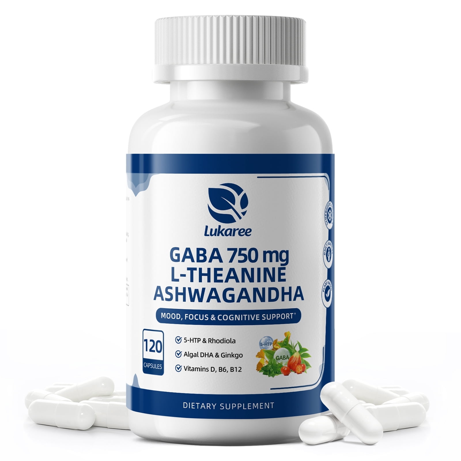 GABA Supplements 750mg with L-Theanine, 5-HTP, Ashwagandha, Omega-3, Ginkgo Biloba, GABA Capsules for Sleep, Focus, Mood Support, Cortisol Balance - 60 Day Supply, Melatonin-Free