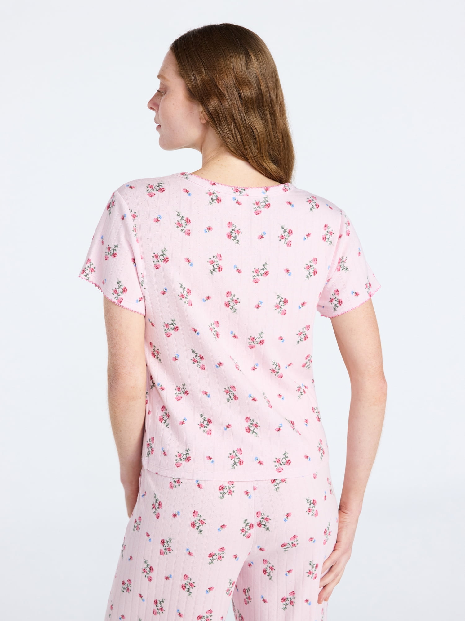 Joyspun Women’s Pointelle Knit Sleepwear Henley Tee with Short Sleeves, Sizes XS-3X