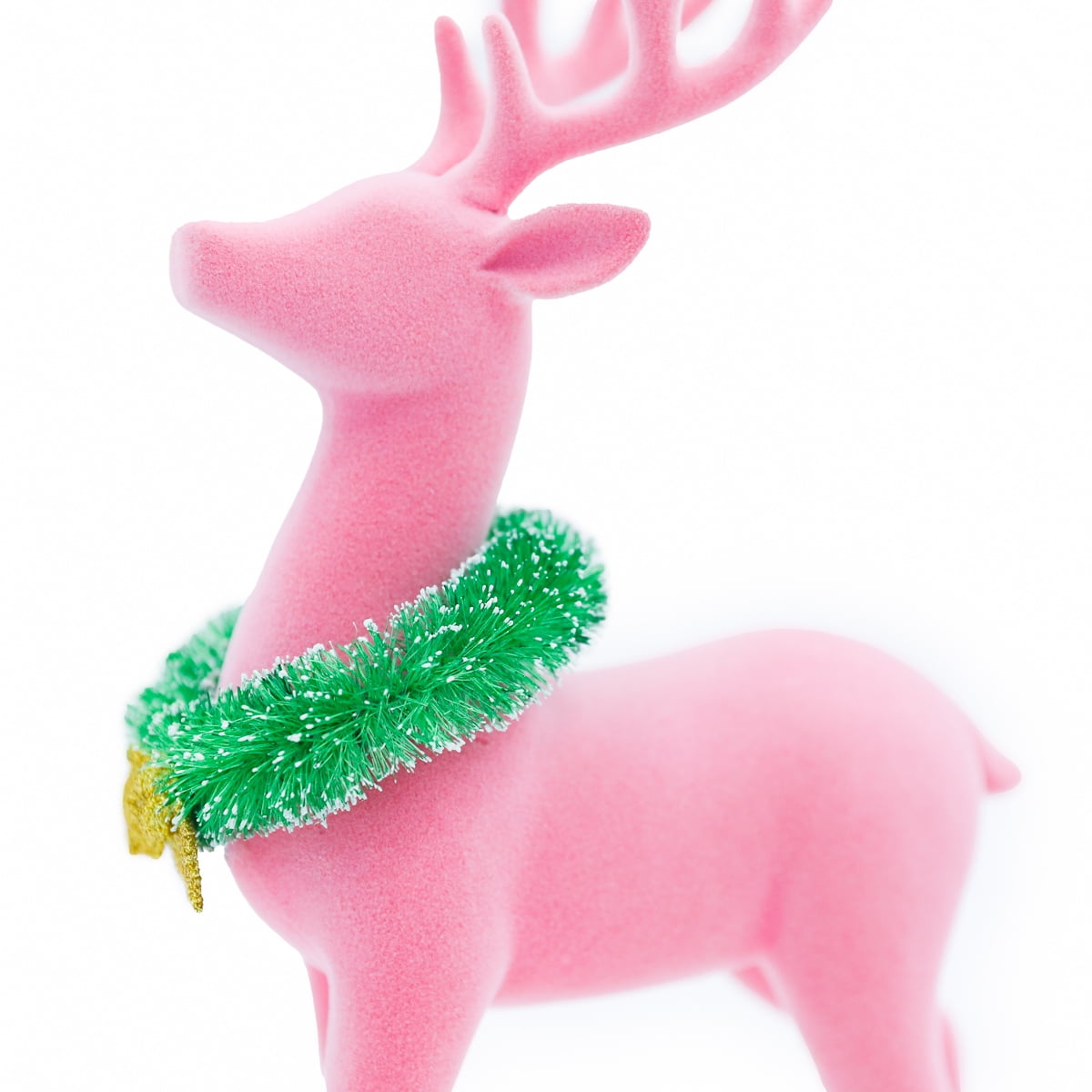 Packed Party Pink Flocked Deer with Wreath Table Top Christmas