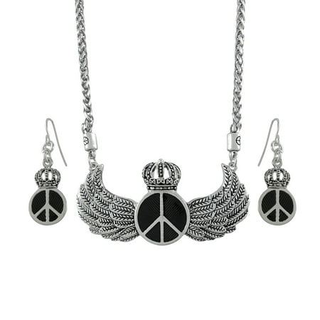 Royal Winged Peace Sign Necklace and Dangle Earrings Set