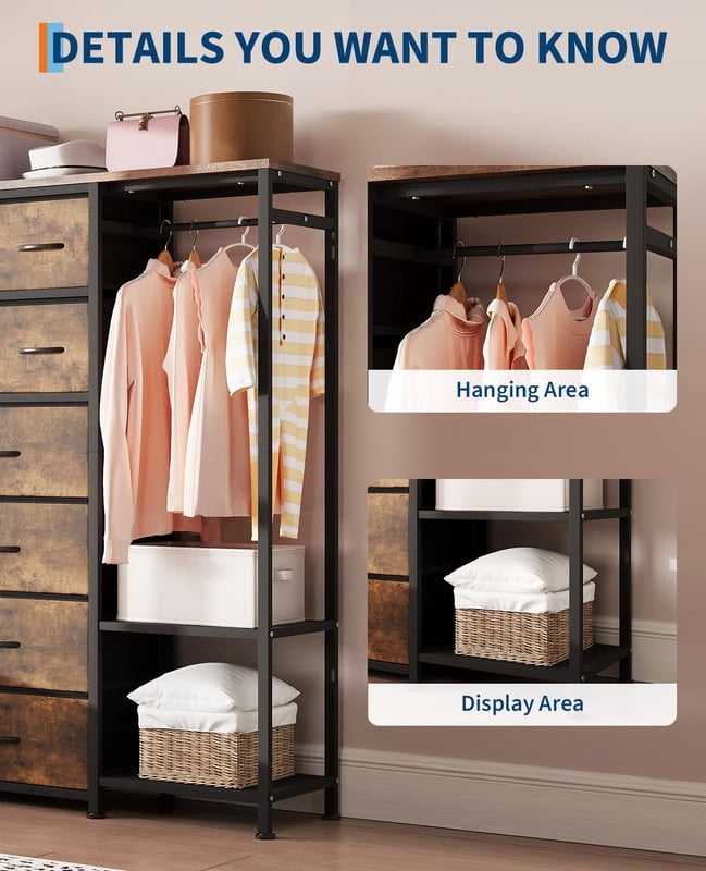 TROPOW Tall Dresser for Bedroom with 16 Drawers & Clothes Rack & 2 Storage Shelves, Fabric Dressers & Chests of Drawers, Large Closet Dresser for Storage and Organization