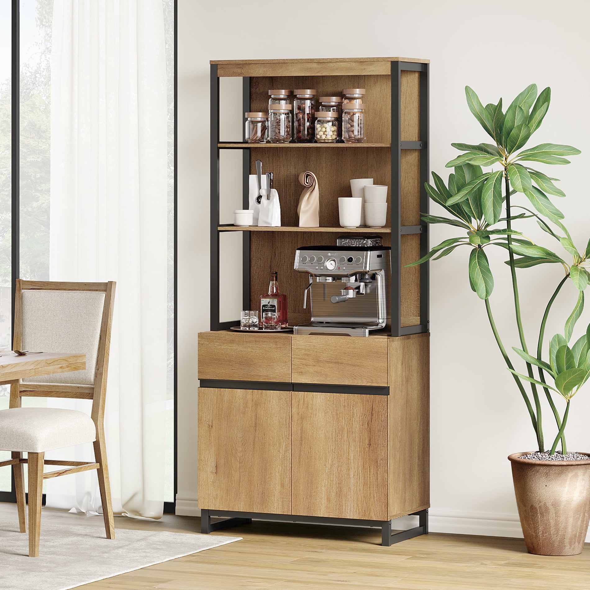 WAMPAT Modern 72" Tall Bookcase with Metal Base and Adjustable Shelves, Library Book Shelf with Storage Cabinet and Open Book Shelfs, Wood Bookshelf for Home Office, Living Room, Oak
