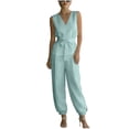 thumbnail image 2 of Pounoo Women's Jumpsuits V Neck Sleeveless Tie Waist Solid Jumpsuit Daily Wear Lightweight Breathable Loose Fit Casual Jumpsuits Gift, 2 of 7