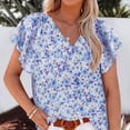 thumbnail image 2 of Blusa floral de manga corta con cuello en V y estampado de flores para mujer Camisa holgada informal elegante para mujer para verano Azul S, 2 of 5