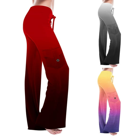 Elainilye Fashion Wide Leg Pants for Women Gradient Print High Waist Pants Casual Loose Pants with Pocket,Yellow