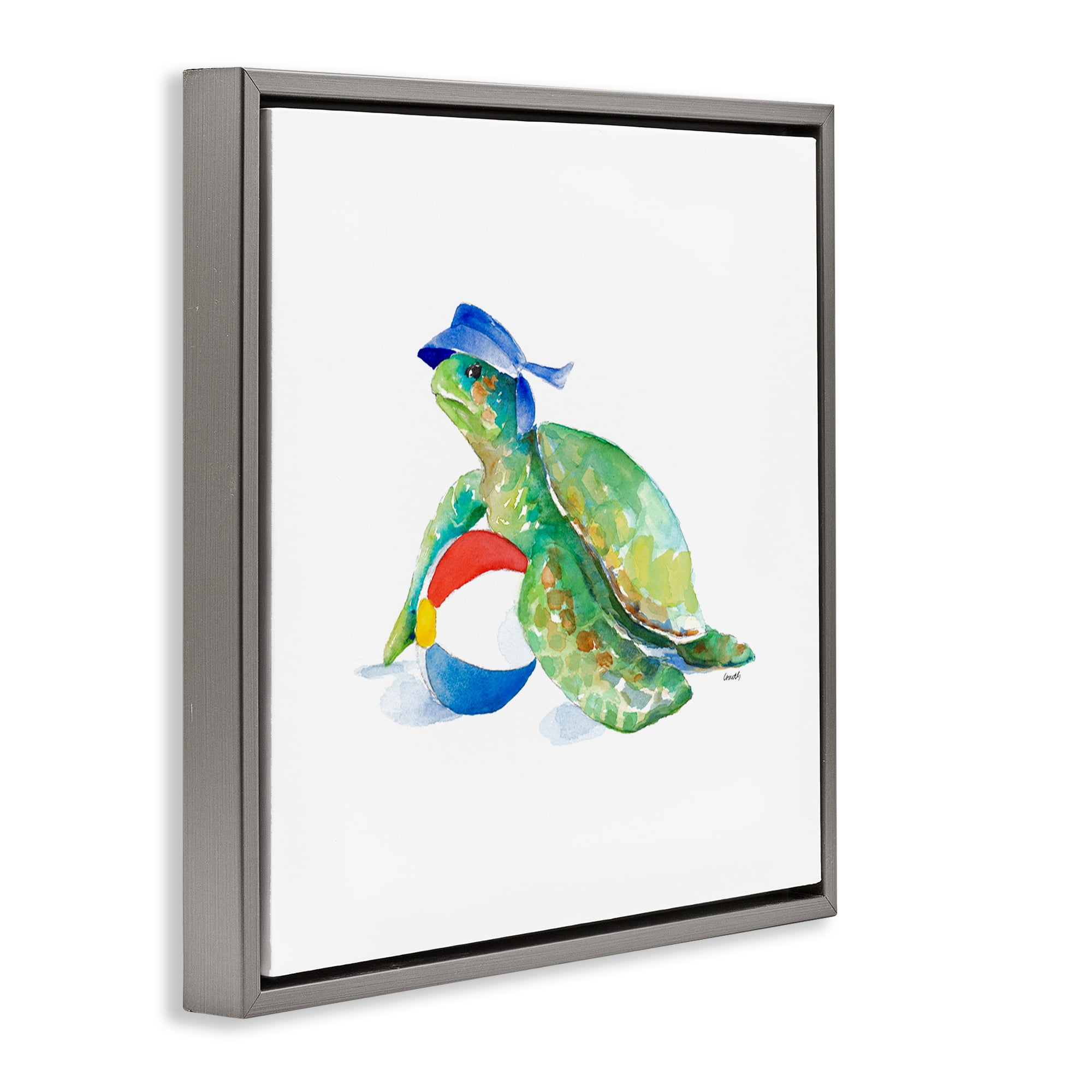 Stupell Industries Turtle & Beach Ball Novelty Painting Gray Floater Framed Canvas Art Print Wall Art, 25 x 25