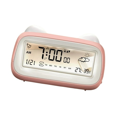 Smart Cartoon Puss Alarm Clock with Temp/Humidity Touch Panel Nightlight & Child-Safe ABS for Bedrooms