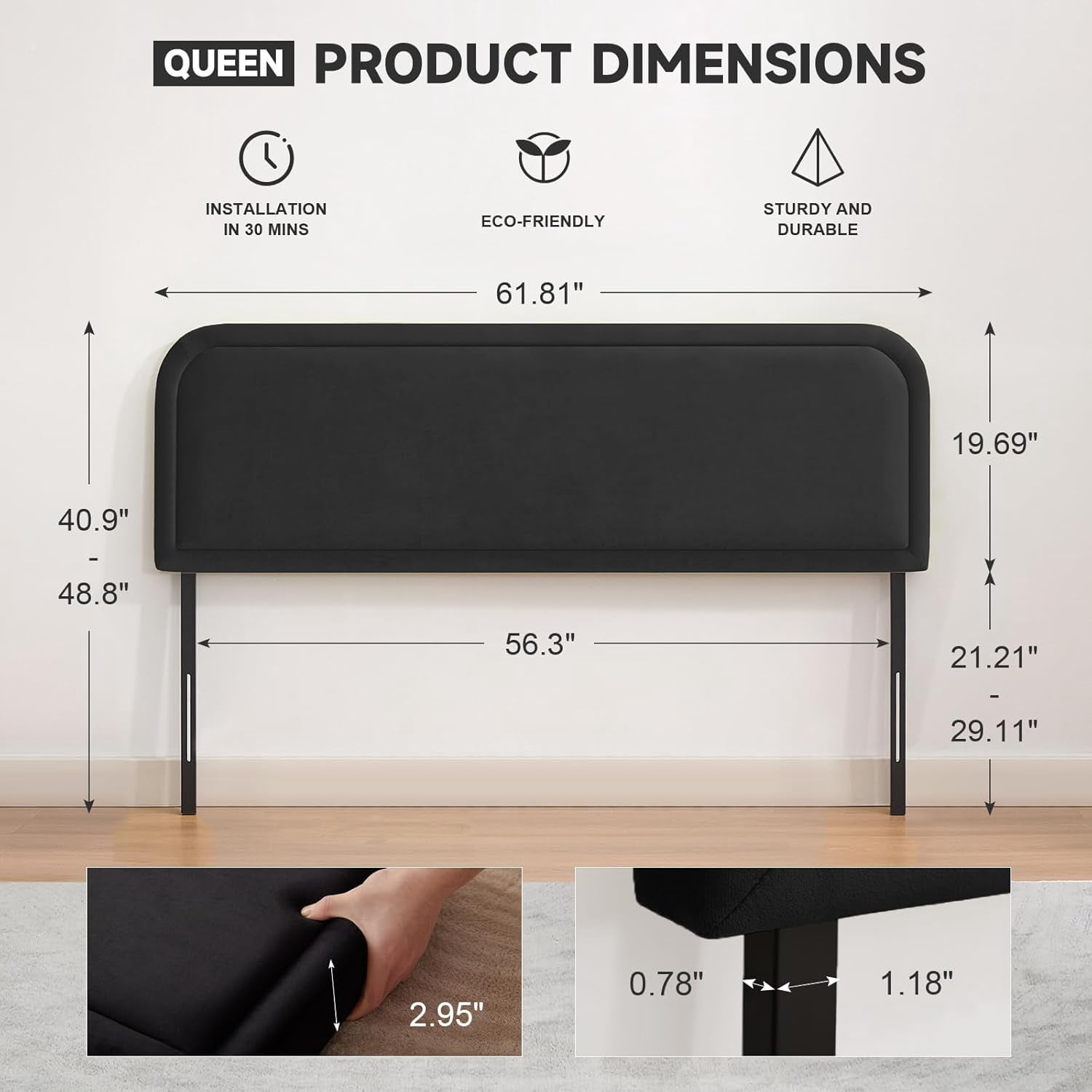 Velvet Headboard Queen, Upholstered Headboard Queen Size Only, Fabric Headboards with Durable Metal Legs from 41” to 49” Height, Sturdy and Durable Solid Wood Bed Head Board, Black