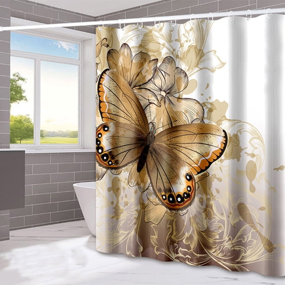 Polyester Shower Curtain 71" x 79" Modern Bathroom Toilet Golden Butterfly Pattern Waterproof Curtains with 16 Hooks