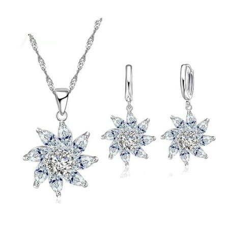 Zircon Star - Marquise Star Pattern Design Crystal Clear Cubic Zircon Sterling Silver with Dangl Earrins Necklace Jewelry Set, SS-104