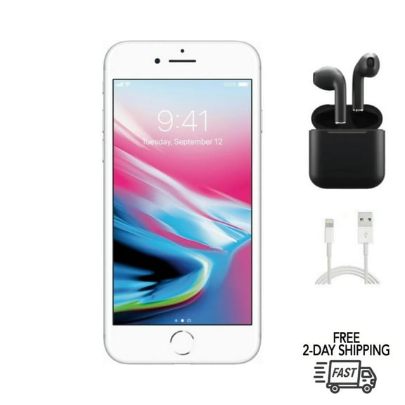 Restored Apple iPhone 8 (Unlocked) 256GB Silver (A1863) Bundle with Wireless Earbuds (Refurbished)