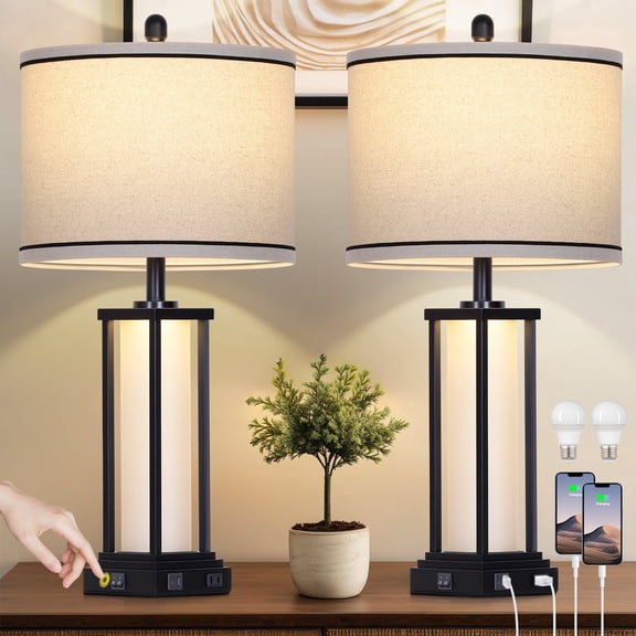 Lolikit Retro Table Lamps Set of 2 with USB C A Ports Glass Night Light AC Outlets 27" Industrial Black Metal Bedside Lamp for Living Room Bedroom
