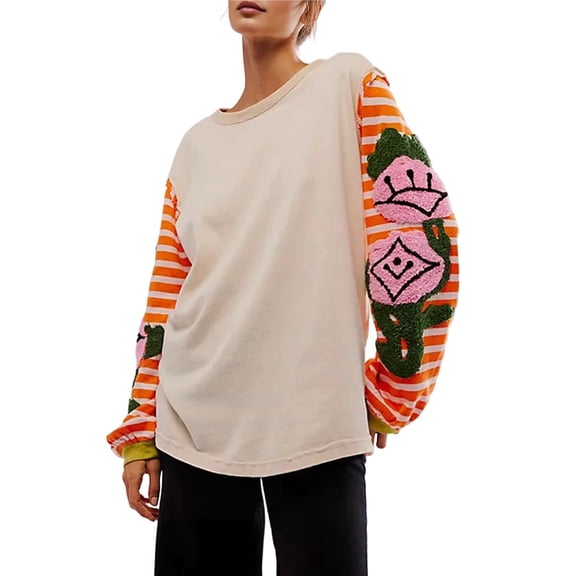 Women's Oversized Fuzzy Embroidery Sweatshirts Colorblock Striped Crewneck Long Sleeve Patchwork Pullover S