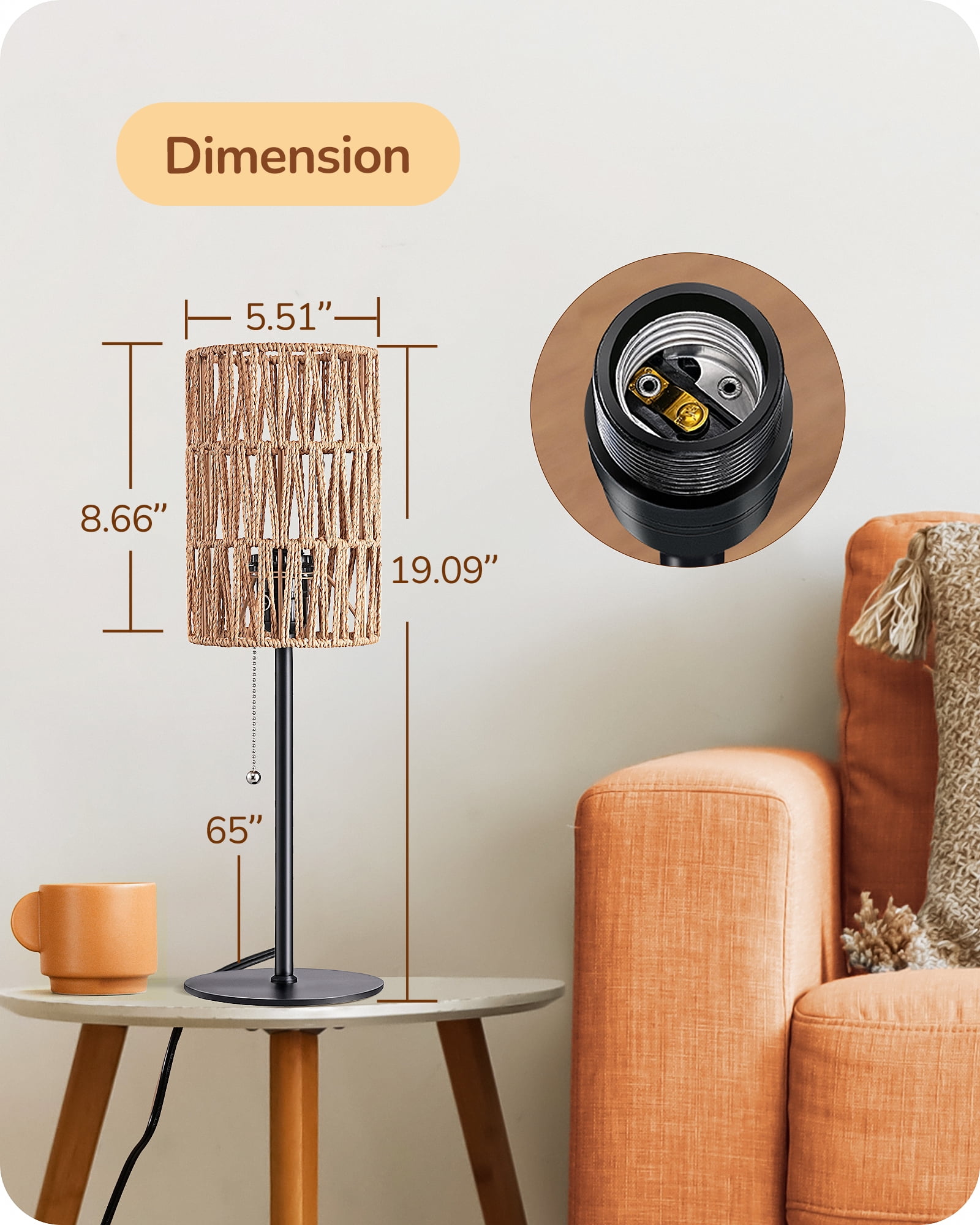 EDISHINE Table Lamp with Rattan Lampshade, Pull-Chain Switch, Metal Base Boho Bedside Nightstand Lamp for Bedroom, Living Room, Office