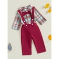 thumbnail image 3 of Suealasg Baby Boys Christmas Gentleman Suit Outfit Long Sleeve Plaid Print Romper Shirt with Bowtie +Suspender Pants 3 6 12 18 Months Infant Boys 2Pcs Fall Formal Wear Clothes, 3 of 7