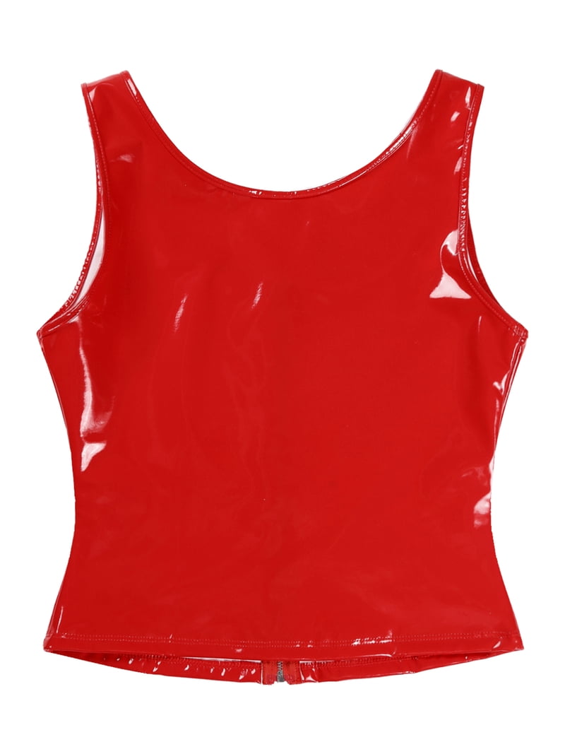 TiaoBug Womens Patent Leather Camisole Wet Look Zipper Crop Tank