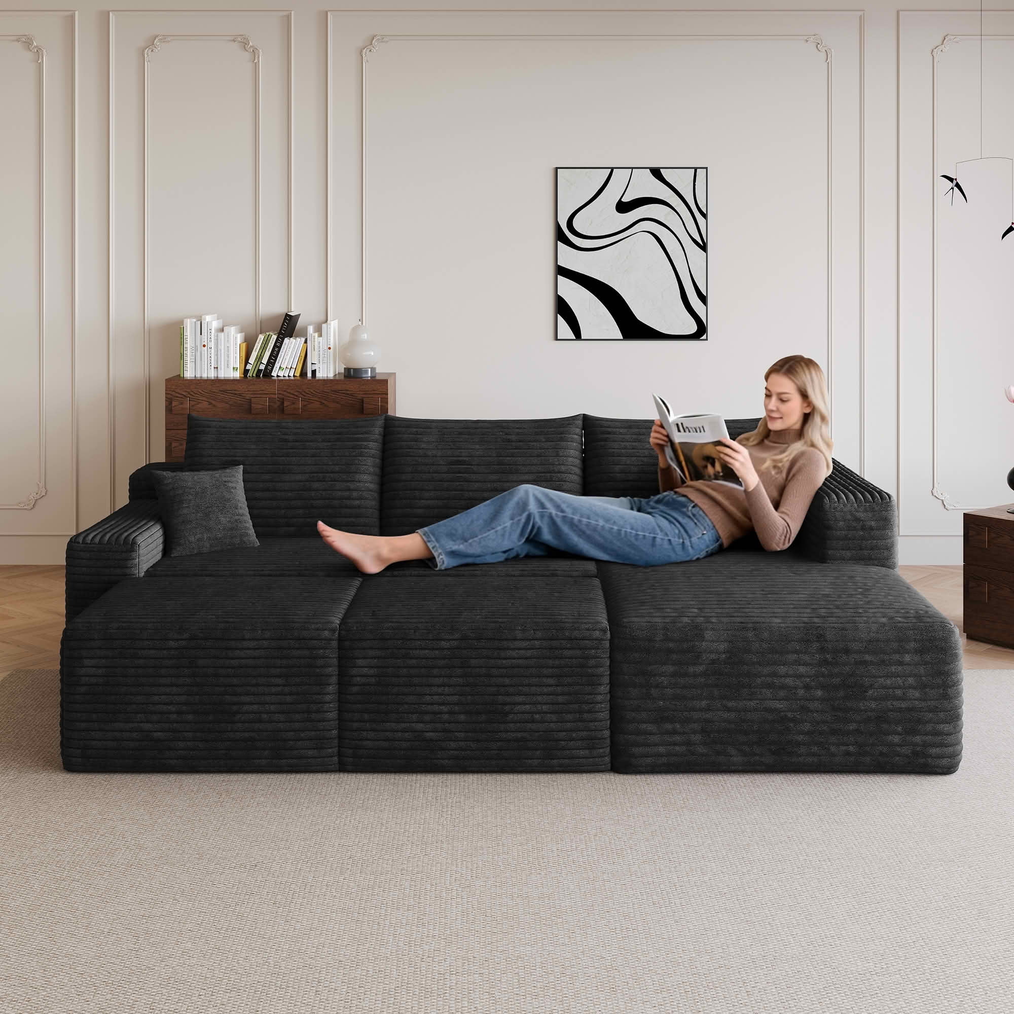 MAYEERTY 95 Inch Cloud U Shaped Sectional Sofa with 2 Ottomans, Plush Corduroy Deep Seat Corner Couch, No Assembly Minimalist Sofa for Living Room Apartment