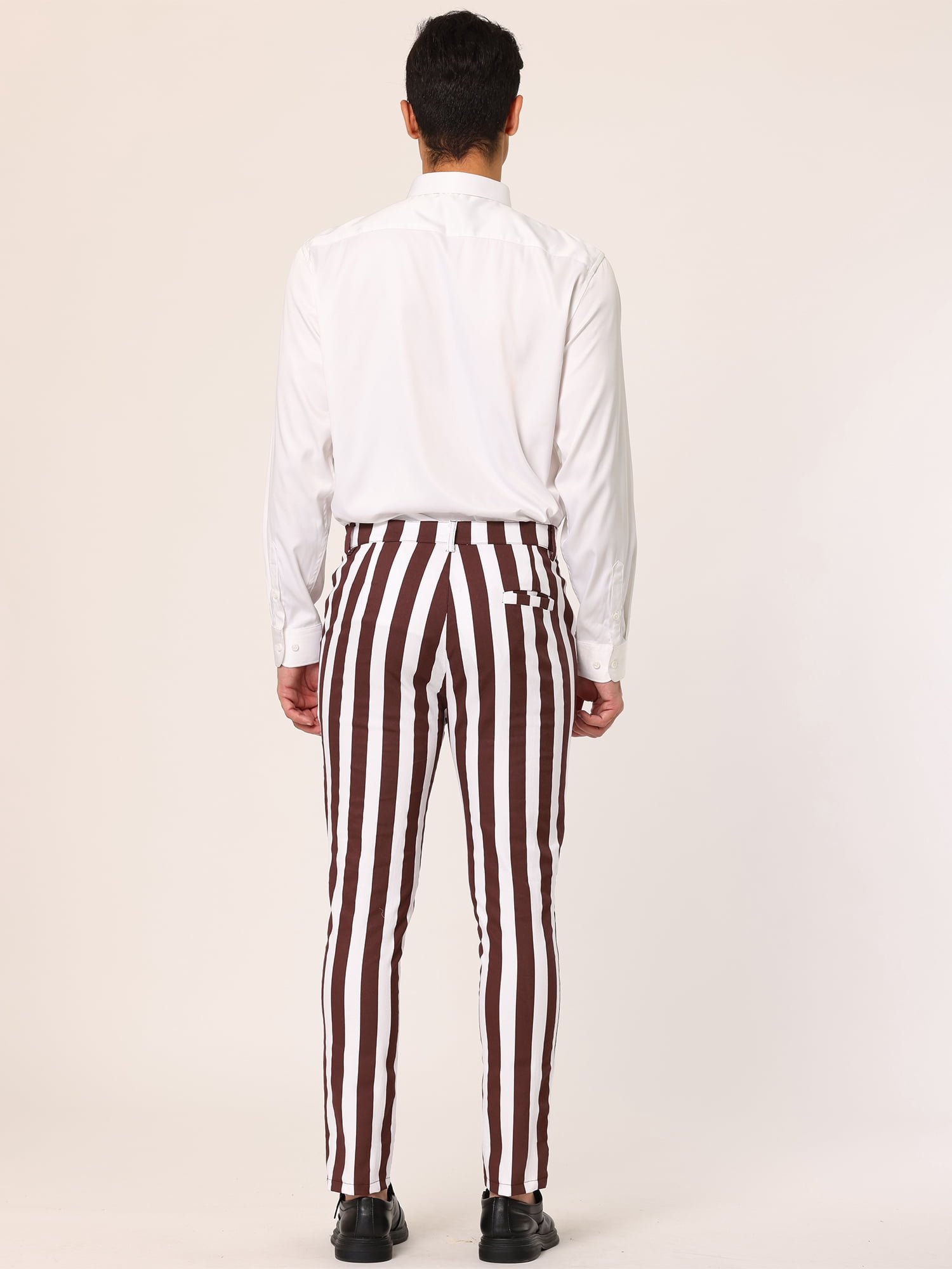 Unique Bargains Men's Striped Pants Business Skinny Fit Color Block Trousers 40 Brown White