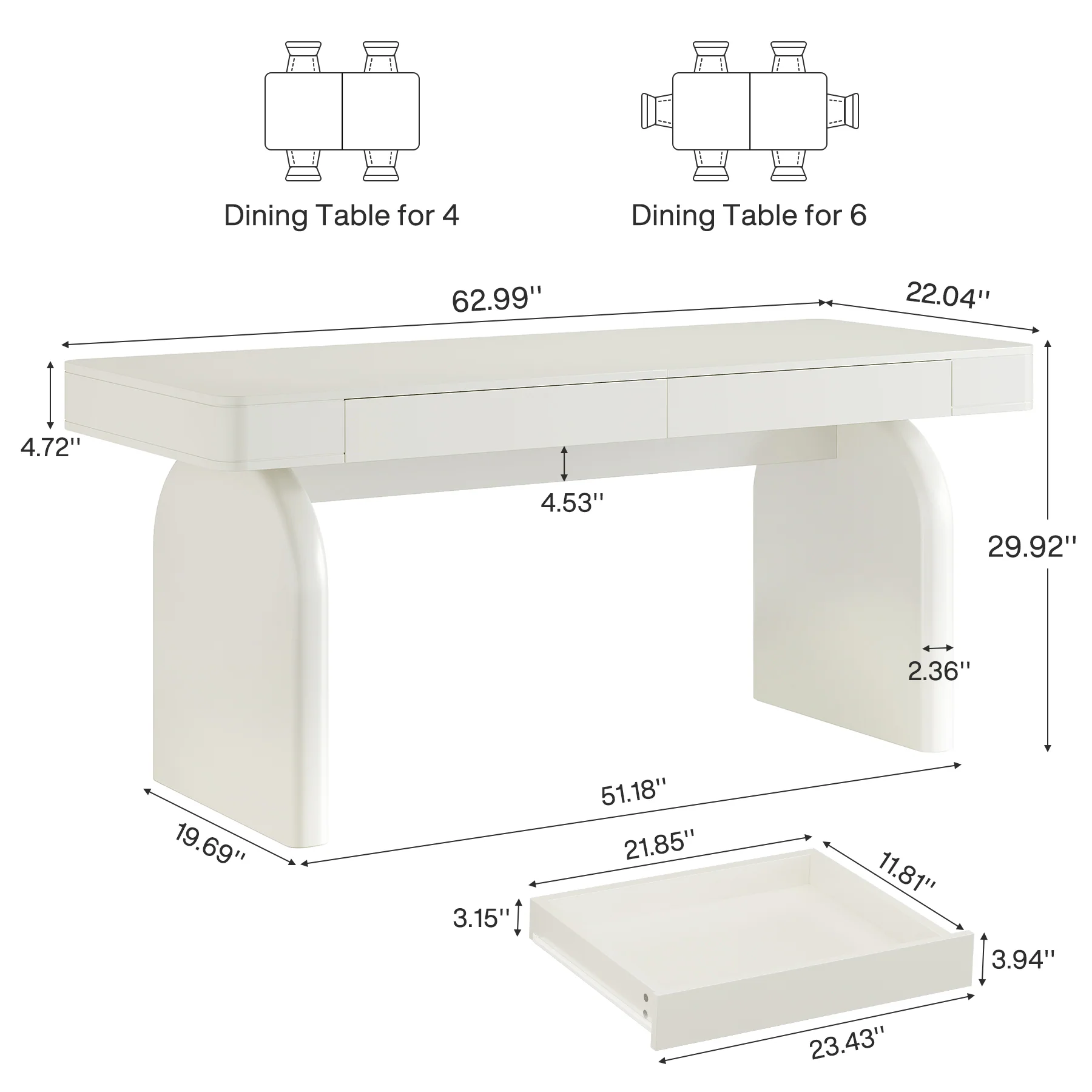 Hommoo 63 Inch Rectangular Dining Table with 2 Hidden Drawers, Modern Kitchen Table for 4 to 6 People, MDF Construction, Easy Assembly, White