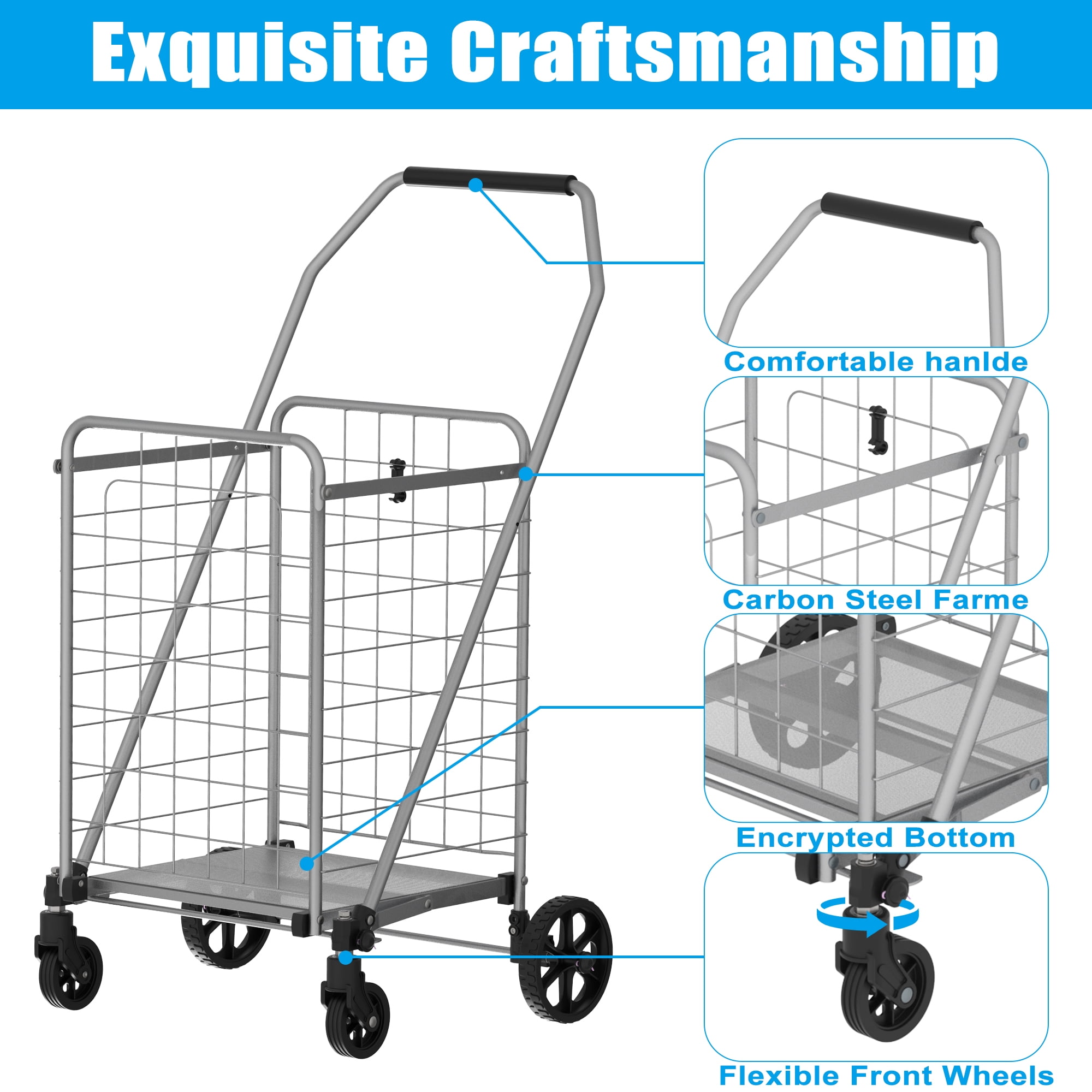 Yoneston Folding Shopping Cart with Wheels, 200 LBS Heavy Duty Grocery Cart, Collapsible Utility Cart for Laundry, Groceries, Travel, Grey
