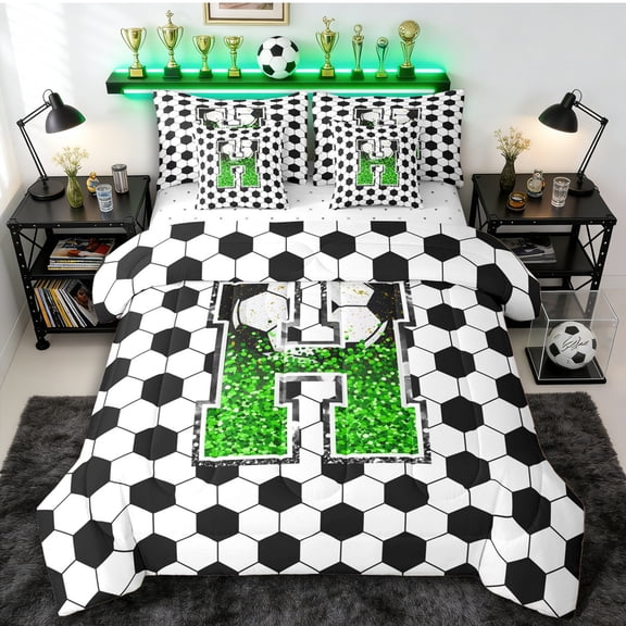 Erosebridal Personalized Initial H Soccer Print Twin Bedding Sets 7-Piece for Boys Girls,Teens Green Glitter Print Bedding Comforter Set,Lightweight Room Decor