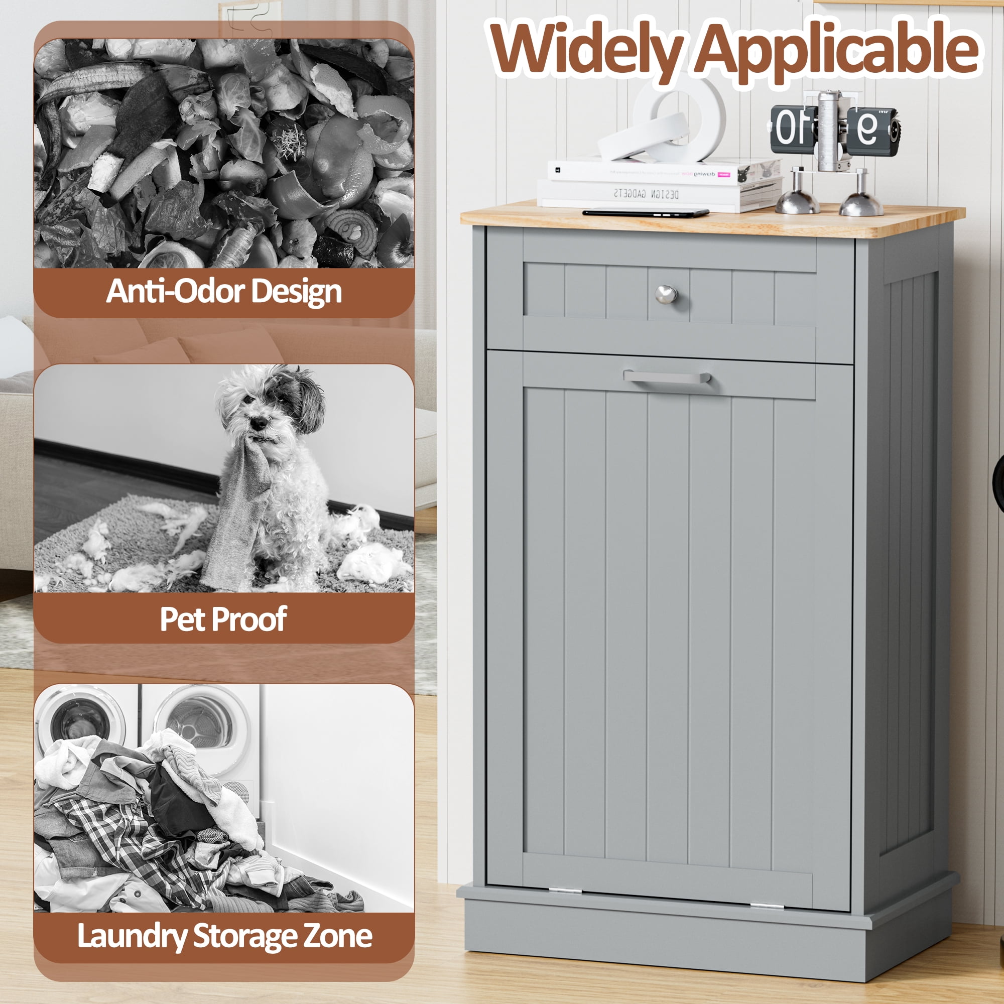 AHB 13 Gallon Single Tilt Out Trash Cabinet with Drawer, Freestanding Kitchen Trash Can Storage Organizer, 20.9"L x 13.55"W x 38.5"H, Gray