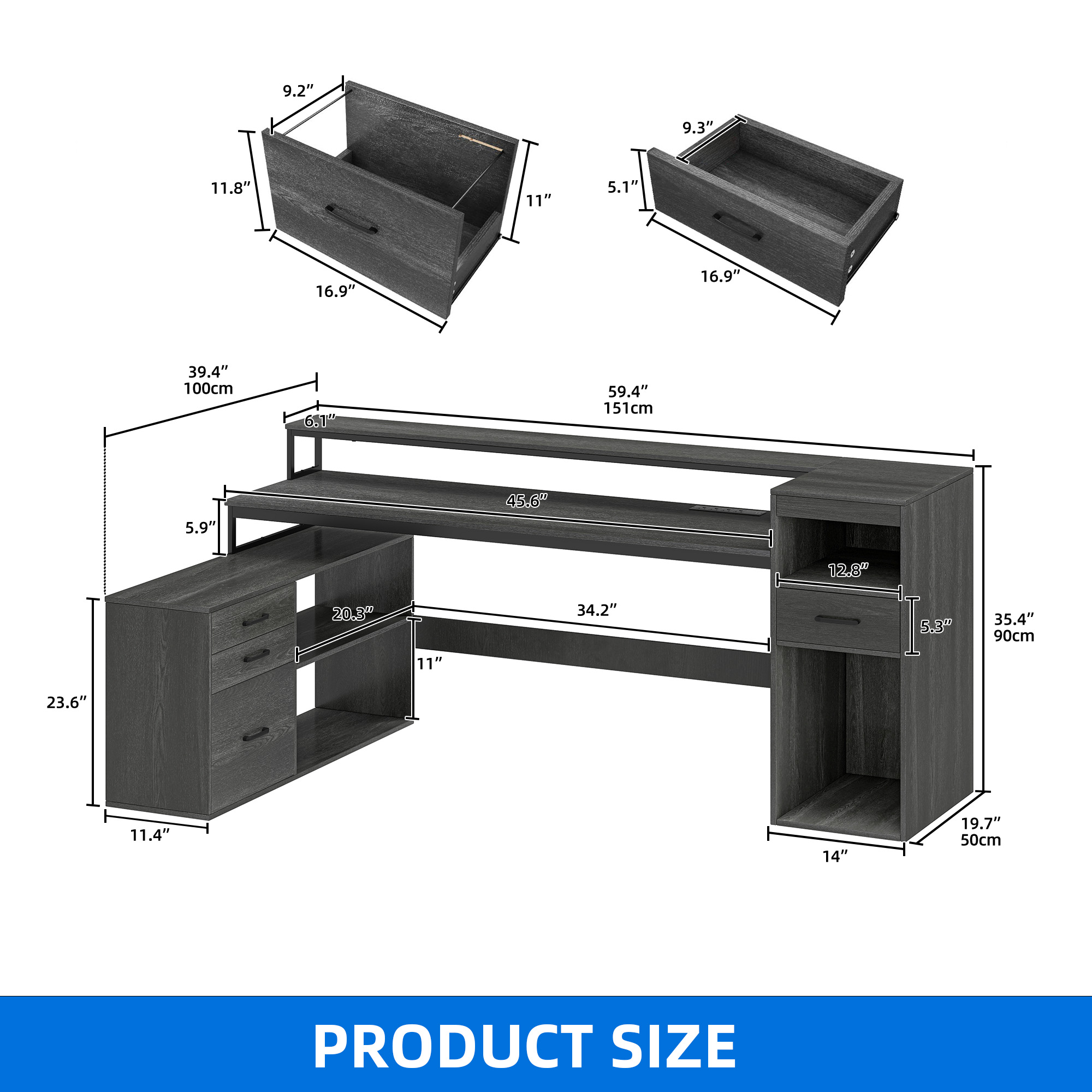 Dextrus L Shaped Computer Desk, 59" Gaming Table with Power Outlet & LED Light & Monitor Stand for Home Office,Gray