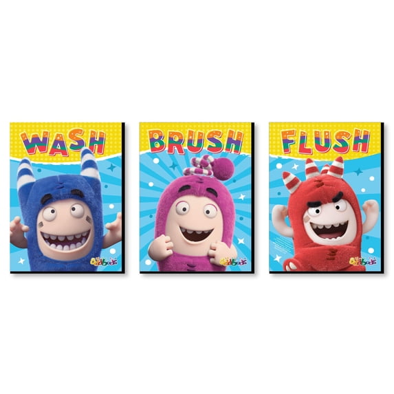 Oddbods x Big Dot of Happiness - Kids Bathroom Rules Wall Art - 7.5 x 10 inches - Set of 3 Signs - Wash, Brush, Flush