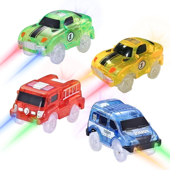 Tracks Cars Only Replacement, Flex Track Race cars for Magic Tracks Glow in the Dark, LED Lights Up Battery Operated Snap N Glow Trax cars Accessories, Compatible with Most Car Tracks (4pack)